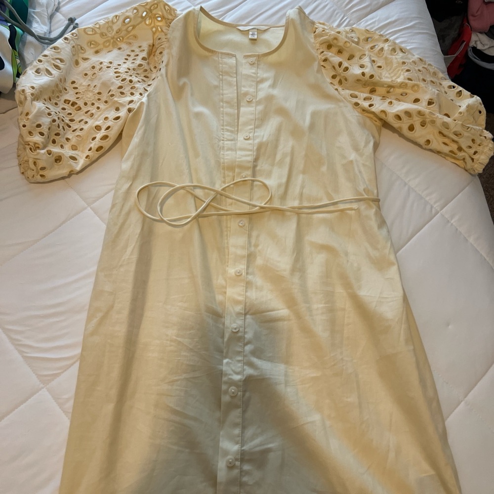 Cream Dress with Eyelet Puff Sleeves